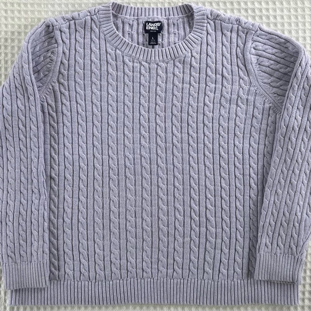 Lands’ End Cable Knit Sweater  Lilac Purple Preppy 100% Cotton Fisherman